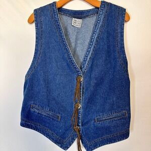 VTG Russ Sport Denim Vest Western Star Button Tassel L-XL Circa 80-90s